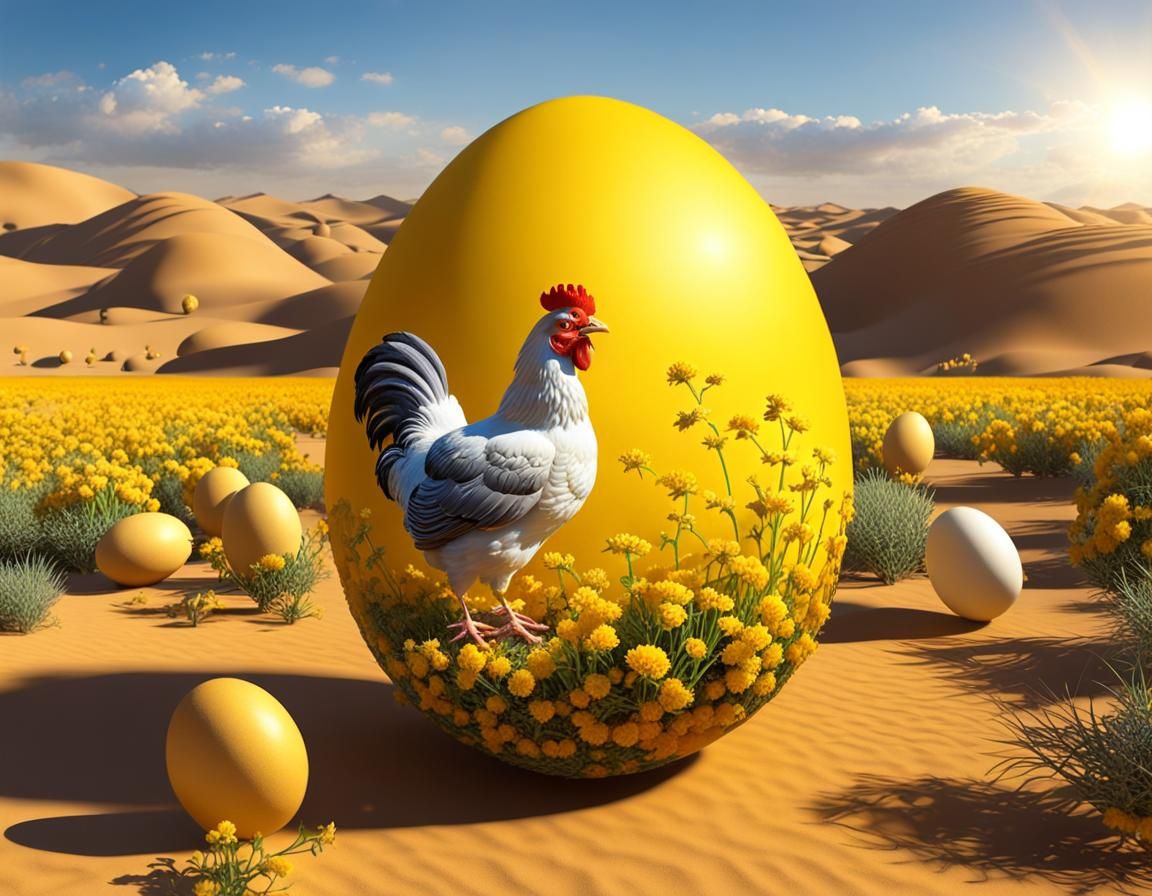 Yellow Egg and Chickens in Desert Landscape