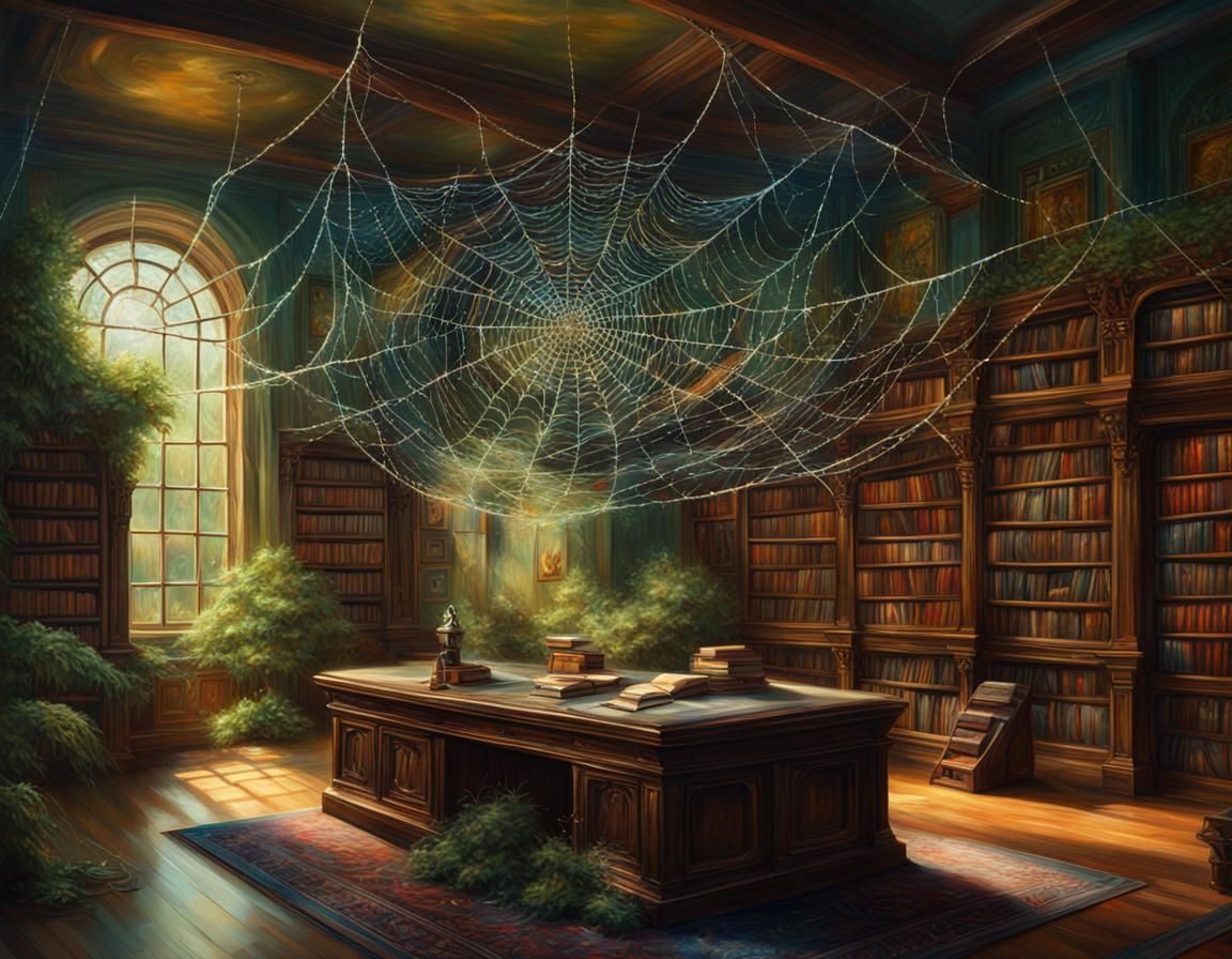 Magical Ancient Library Interior: Hyperdetailed Oil Painting
