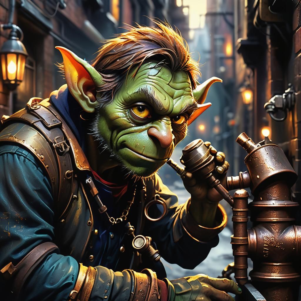 Goblin Plumber Inspects Pipe in Gothic Cityscape