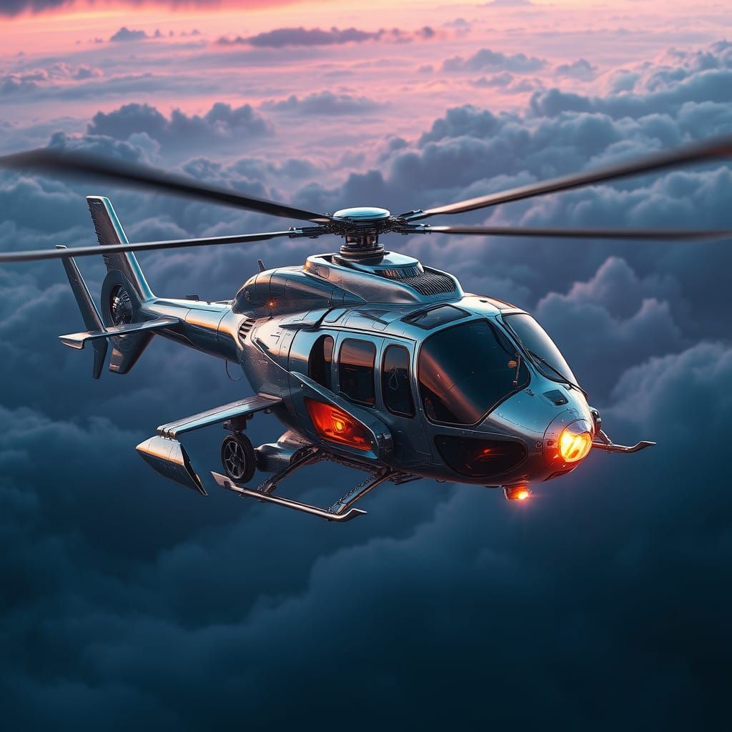 Majestic Metallic Helicopter in Epic Fantasy Sky