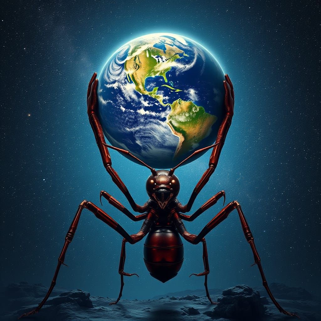 Giant Metal Ant Lifts Earth in Surreal Space Scene