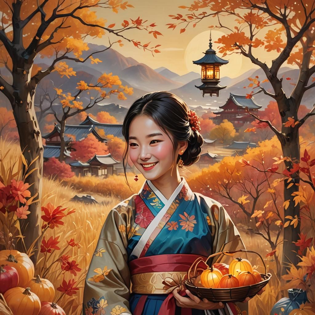 Autumnal Korean Woman with Lantern, Digital Art