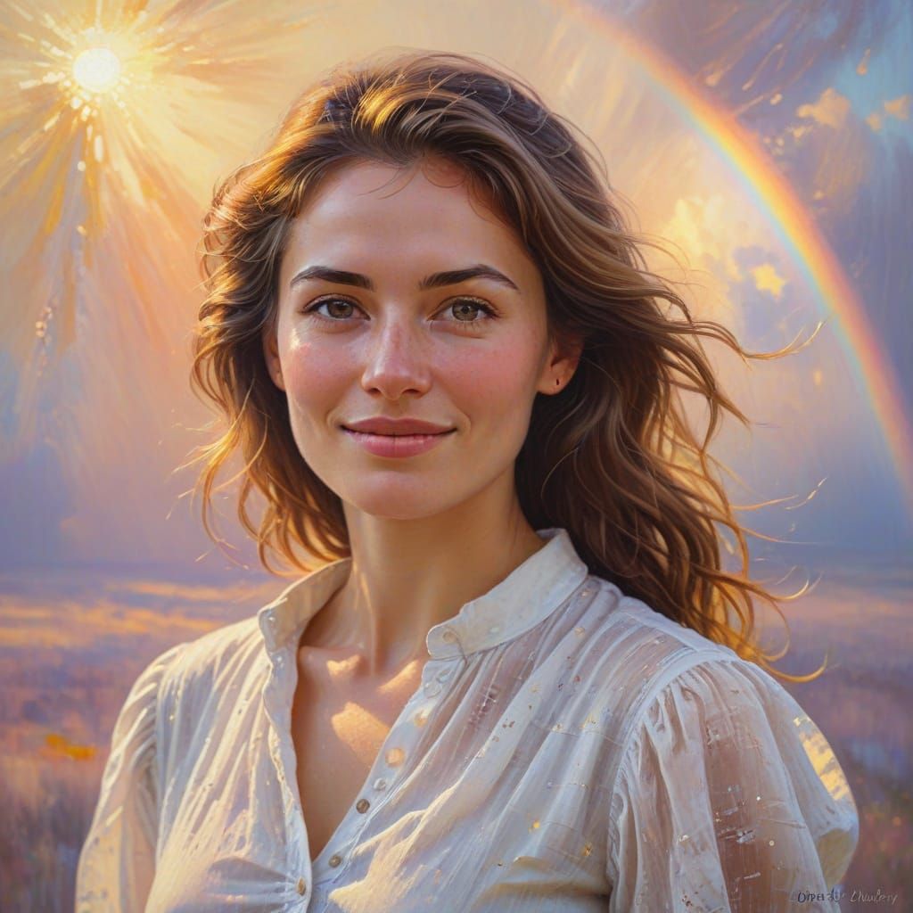 Impressionist Woman with Gentle Smile Under Rainbow Sky