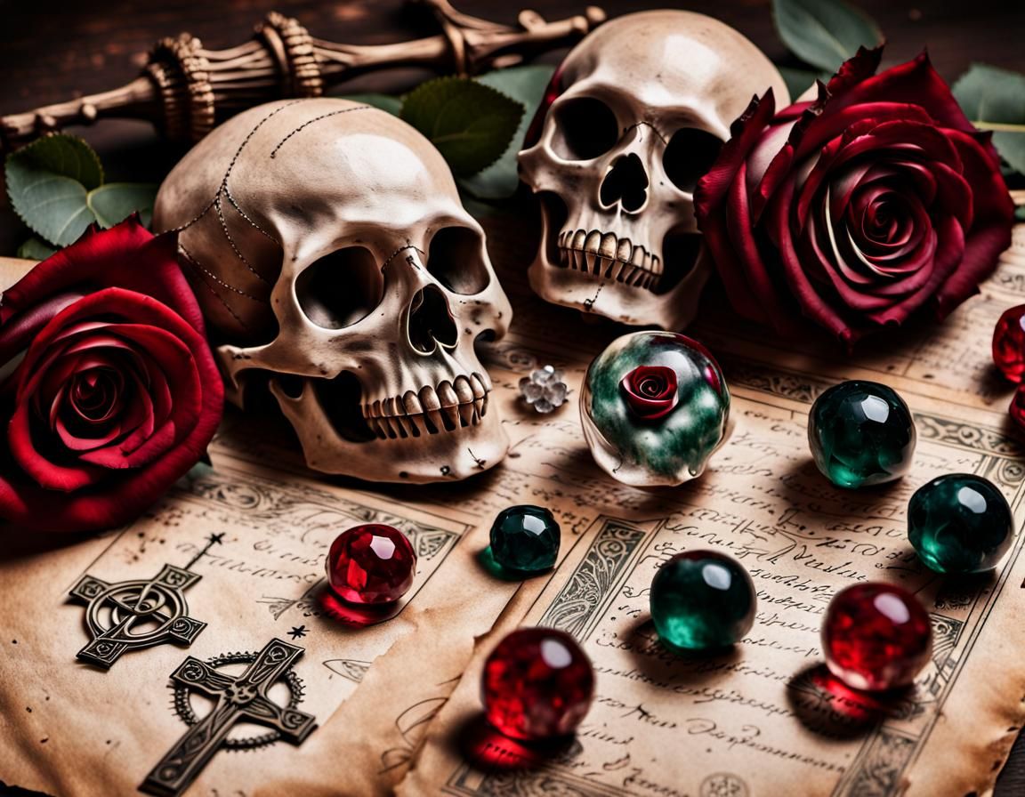 Skulls, Roses, and Religious Symbols on Antique Paper