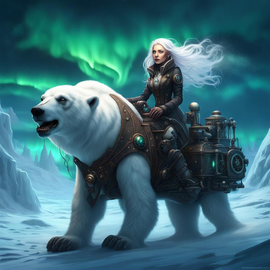 Steampunk Sorceress Rides Robot Polar Bear in Arctic