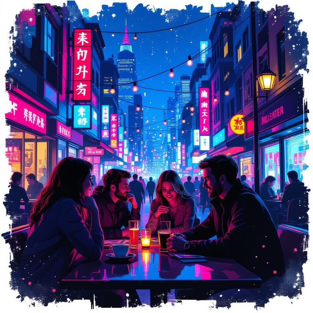 Vibrant City Social Scene in Digital Neon Noir Style