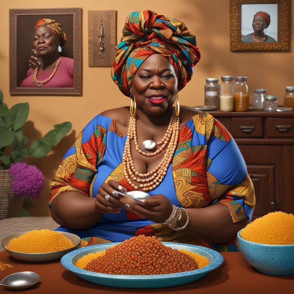 Beautiful Older Woman Eating Jollof Rice, Digital Matte Pain...