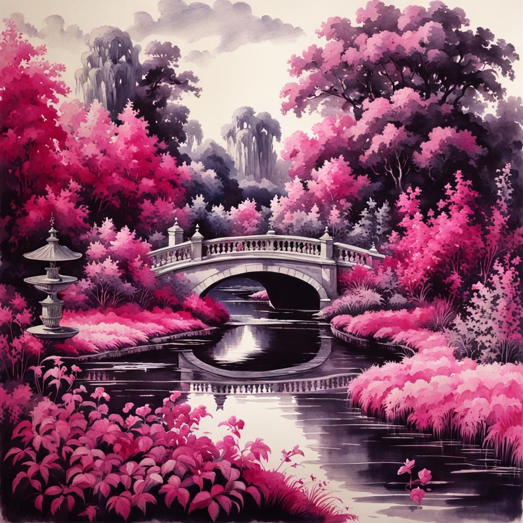 Fuchsia Monochromatic Riverside Garden in Ink Wash Style