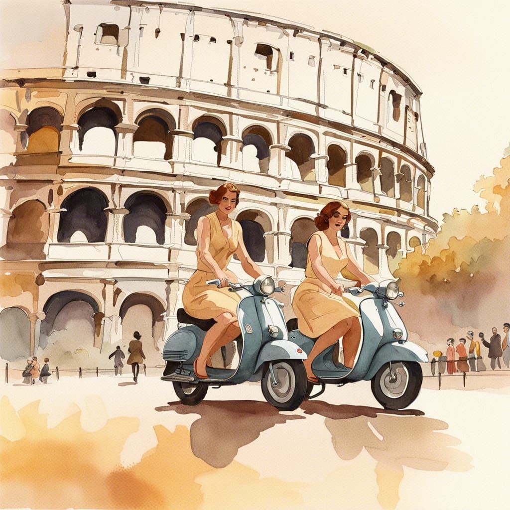 Vespa Girls in Rome: 1960s Watercolor Style