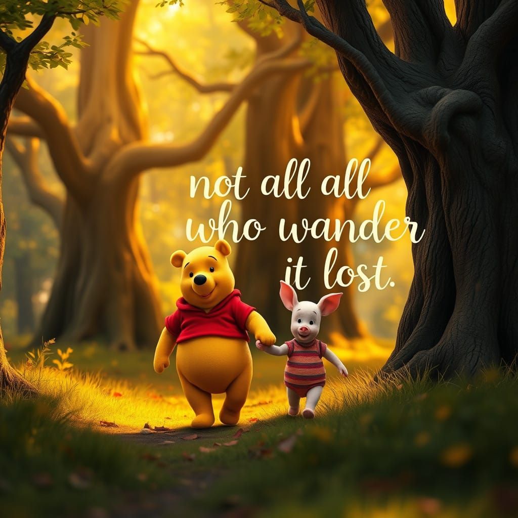 Winnie the Pooh and piglet walking in the woods holding hands together. The image says "not all who wander are lost." Hy...