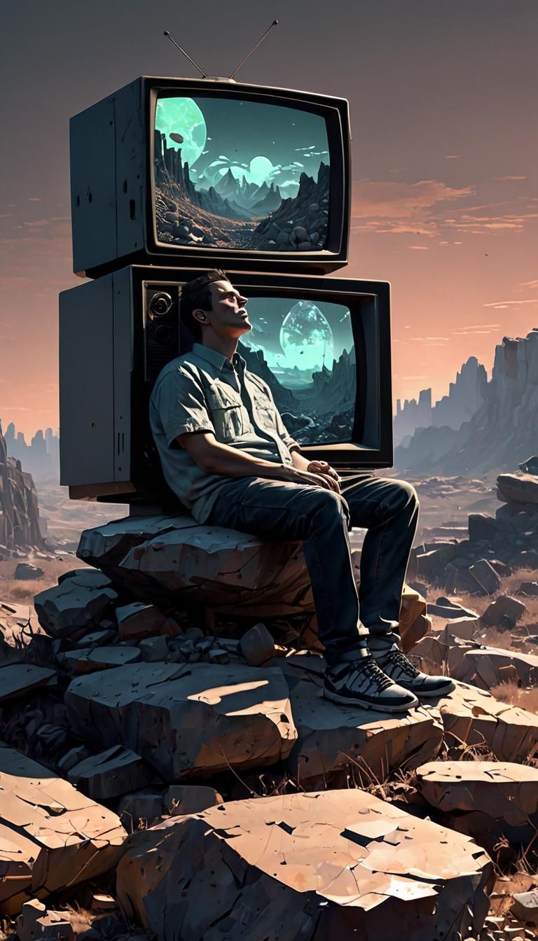 Glitching TV Head Figure in Dystopian Landscape