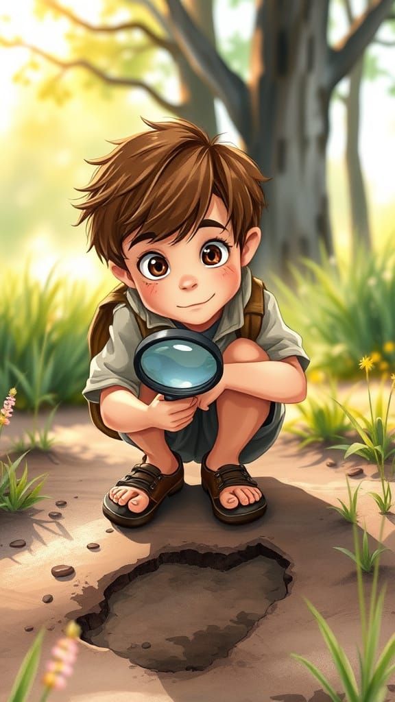 Boy Discovers Large Footprint in Whimsical Woodland Scene