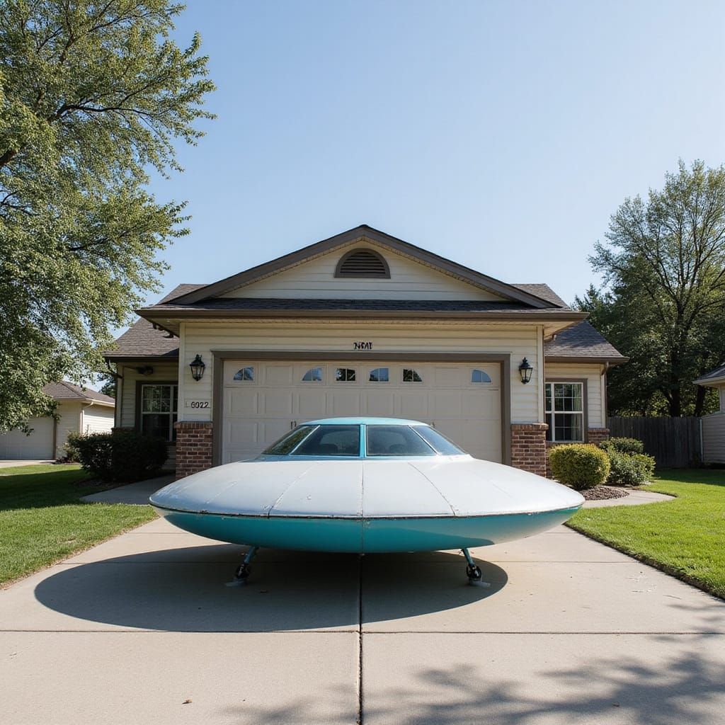 a flying saucer parked in front of the garage of a suburban house driveway