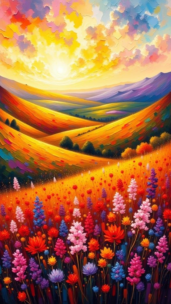 Sunlit Countryside Golden Hour Oil Painting