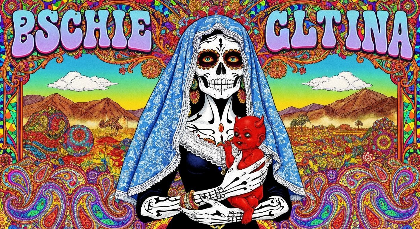 Catrina Holding Devil Baby in Psychedelic Mexican Landscape