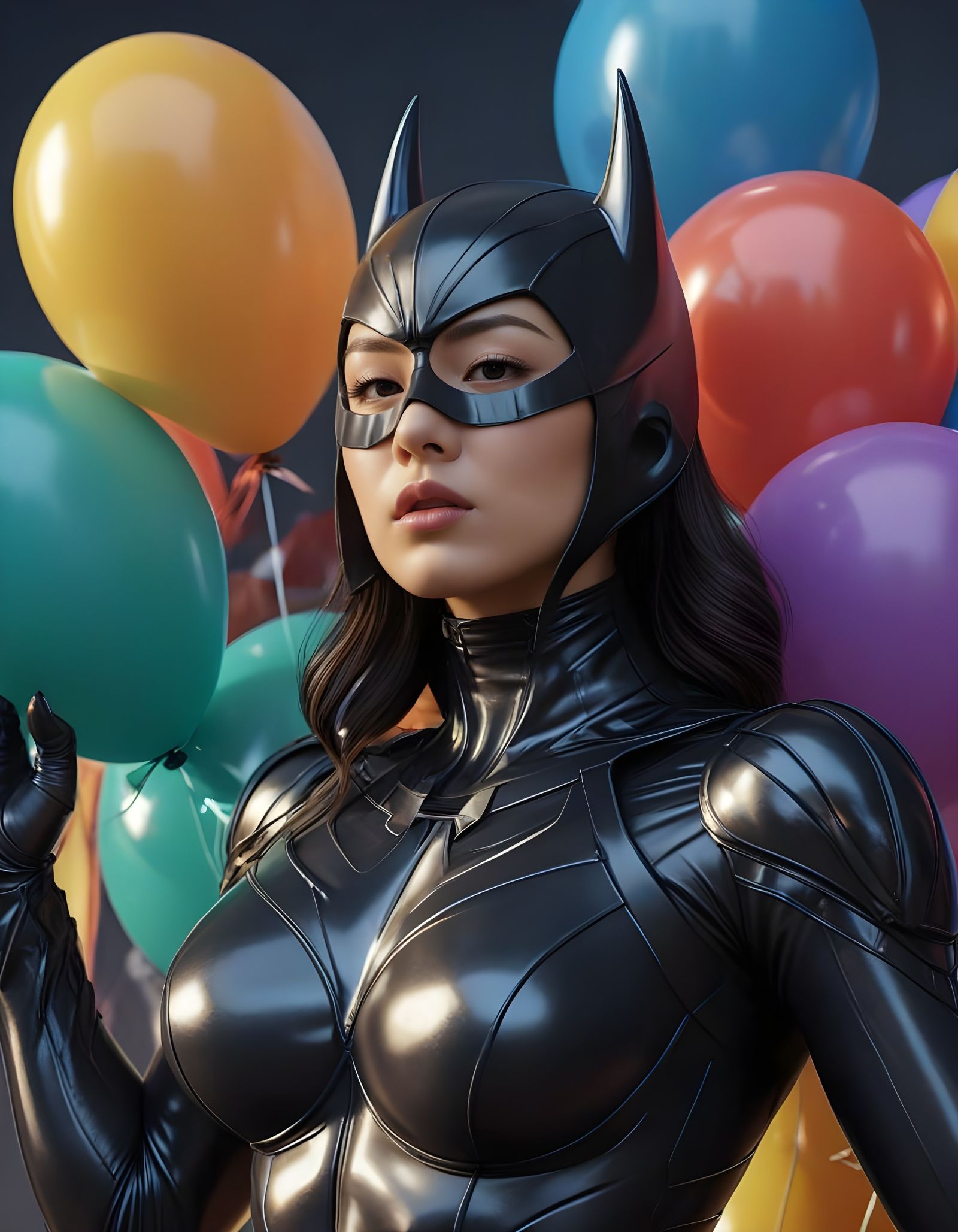 Muscular Heroine in Batman Suit Surrounded by Balloons