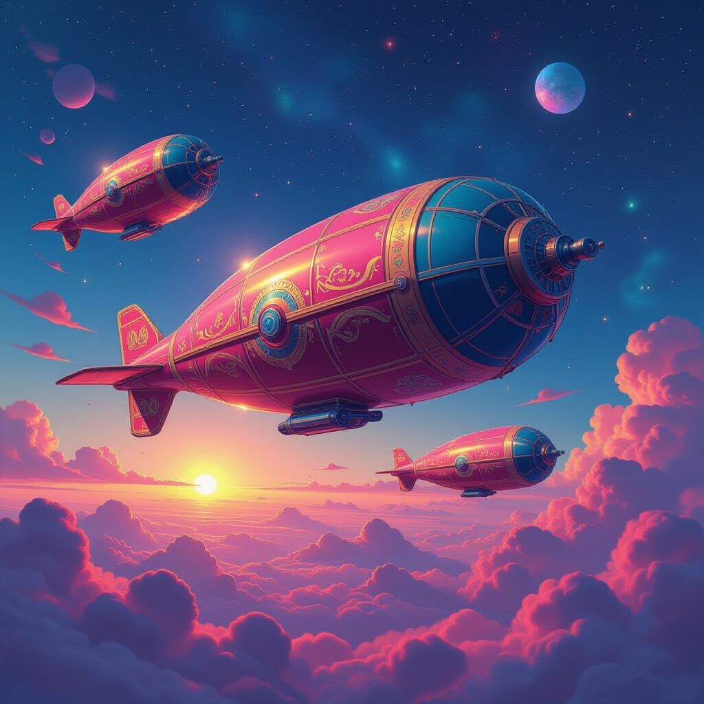 Dumbbell Zeppelins Soar Through Psychedelic Nebula Sky