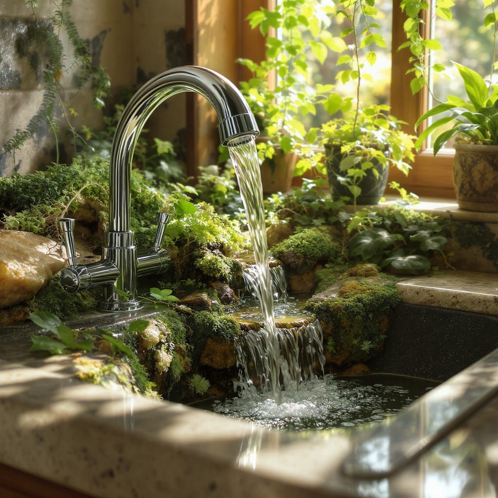 Verdant Houseplant Forest Waterfall, Hyperrealistic Digital ...