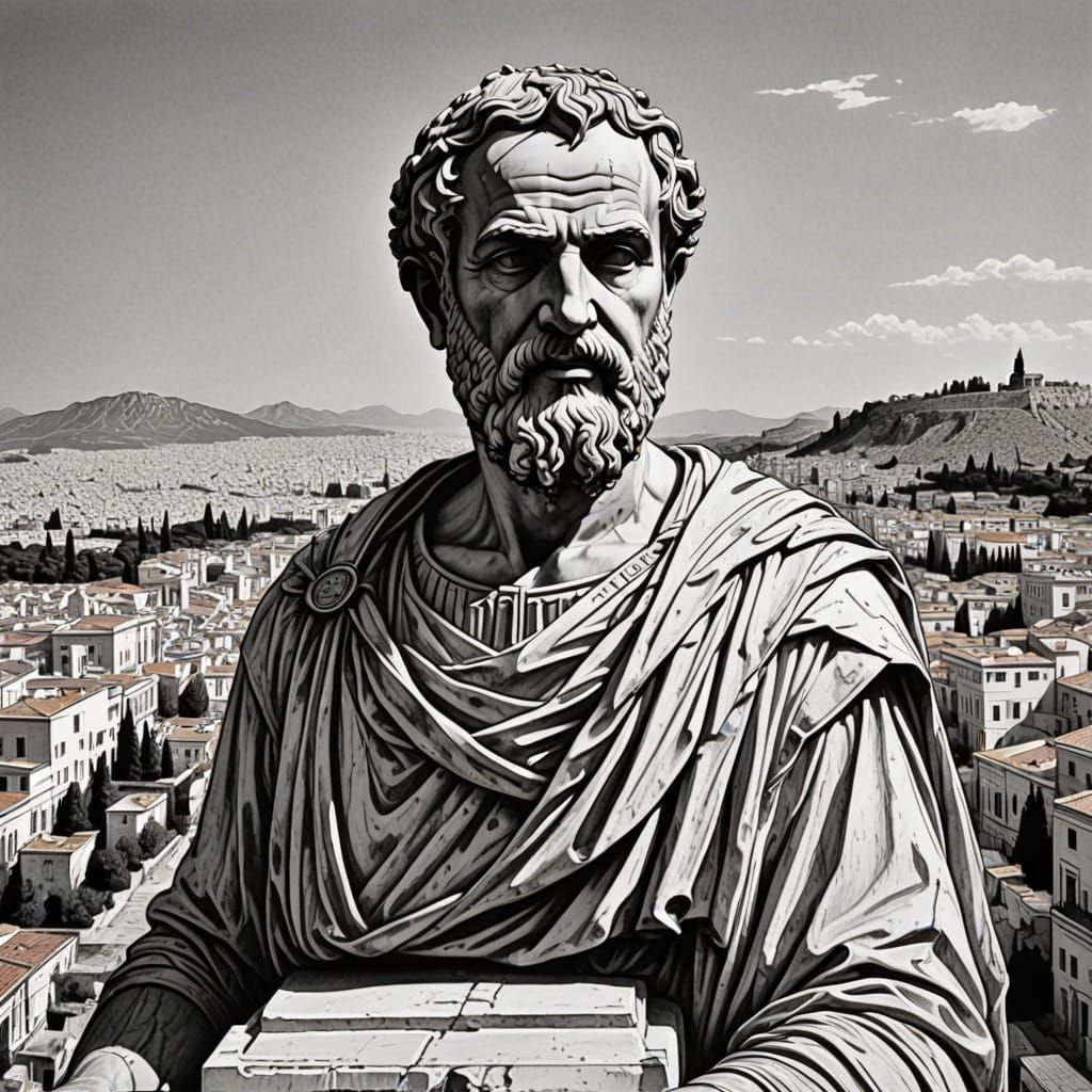 Ancient Greek Cityscape in Black Line Art