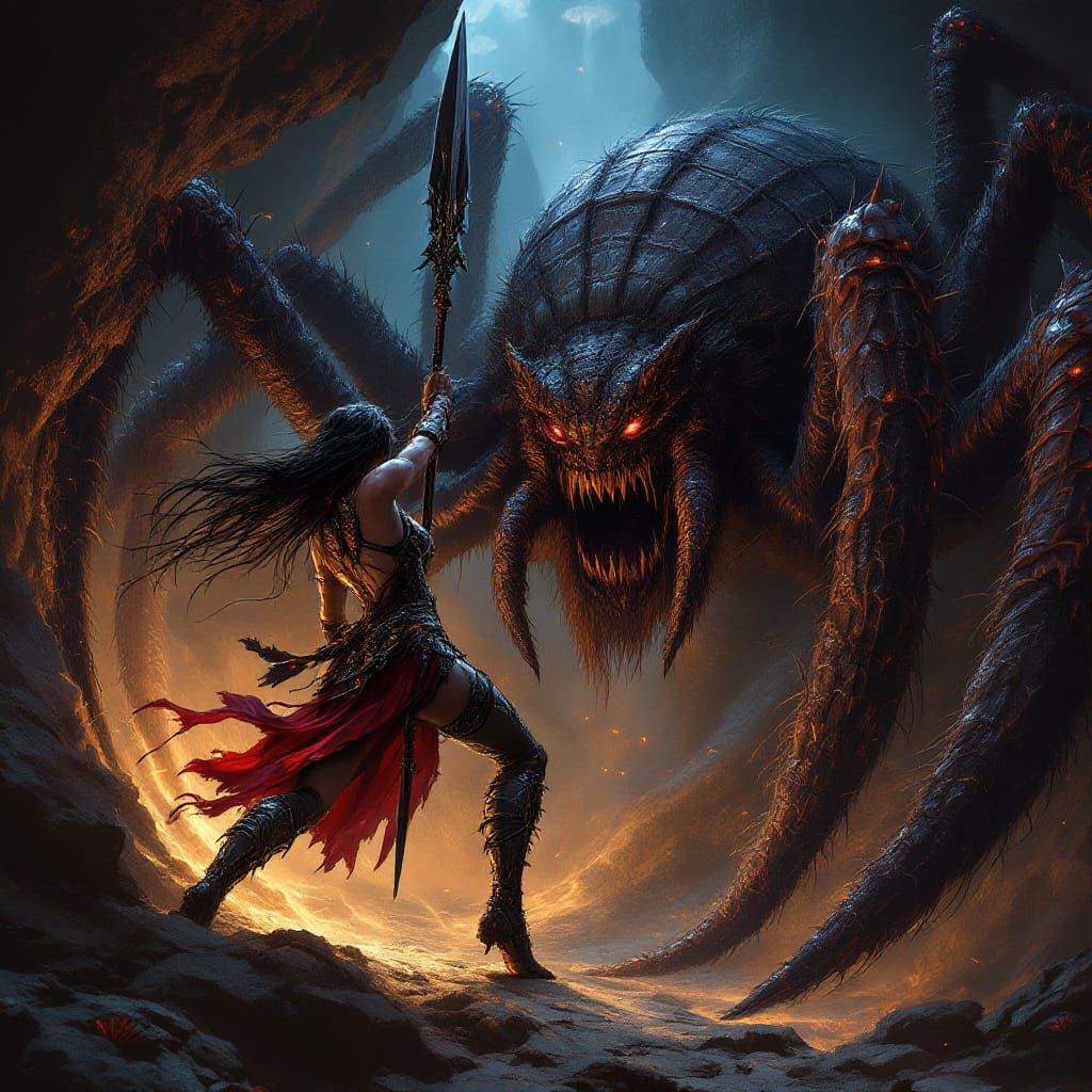 Warrior Fights Giant Spider in Dark Fantasy Art