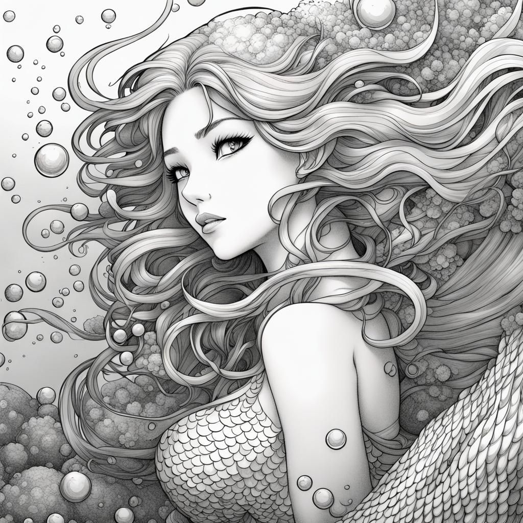Anime Mermaid Line Art in Black and White