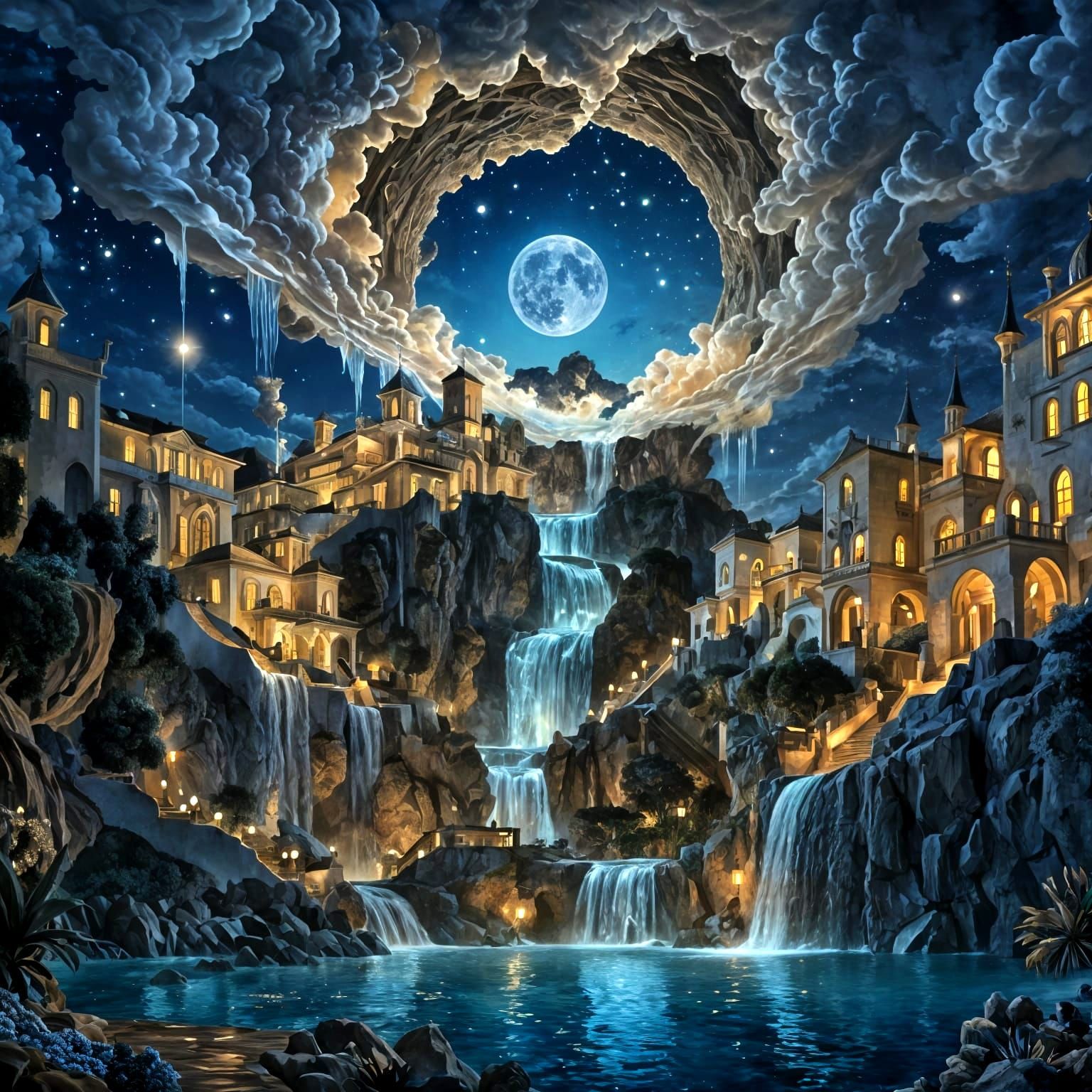 Moonlit Fantasy Sky with Opal Waterfall in Digital Art