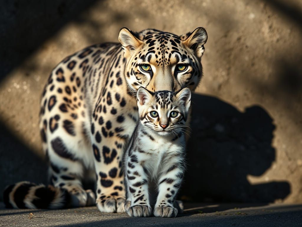 Snow Leopard Mother and Baby in Fierce yet Gentle Hug