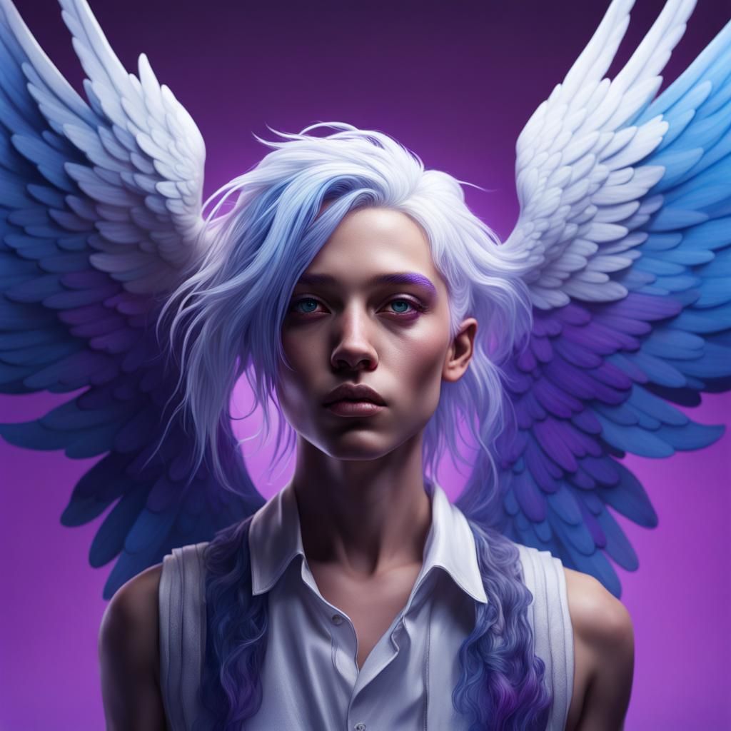 Hyperrealistic Angel with Purple Wings and Blue Hair