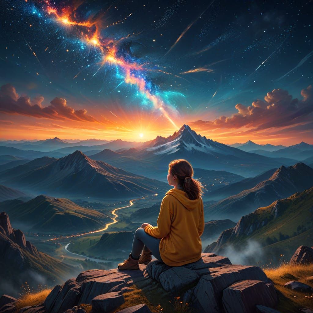 Woman Gazing at Starry Sky in Oil Painting Style