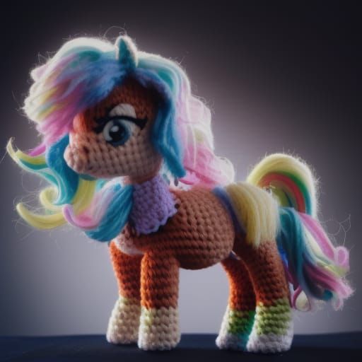 Rainbow Pony Crochet Doll on Shiny Countertop