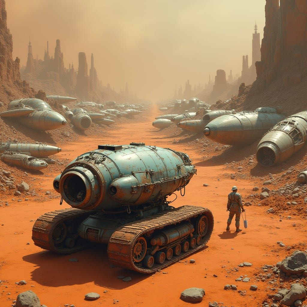 Spaceship Junkyard on Mars in Sci-Fi Style