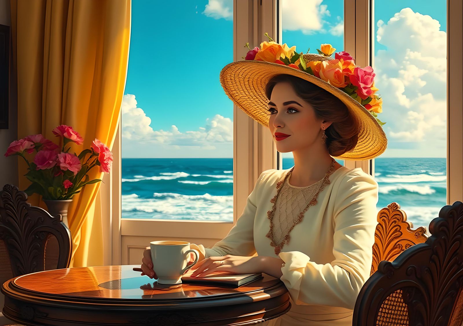 Elegant Lady Writer with Coffee, Oil Painting