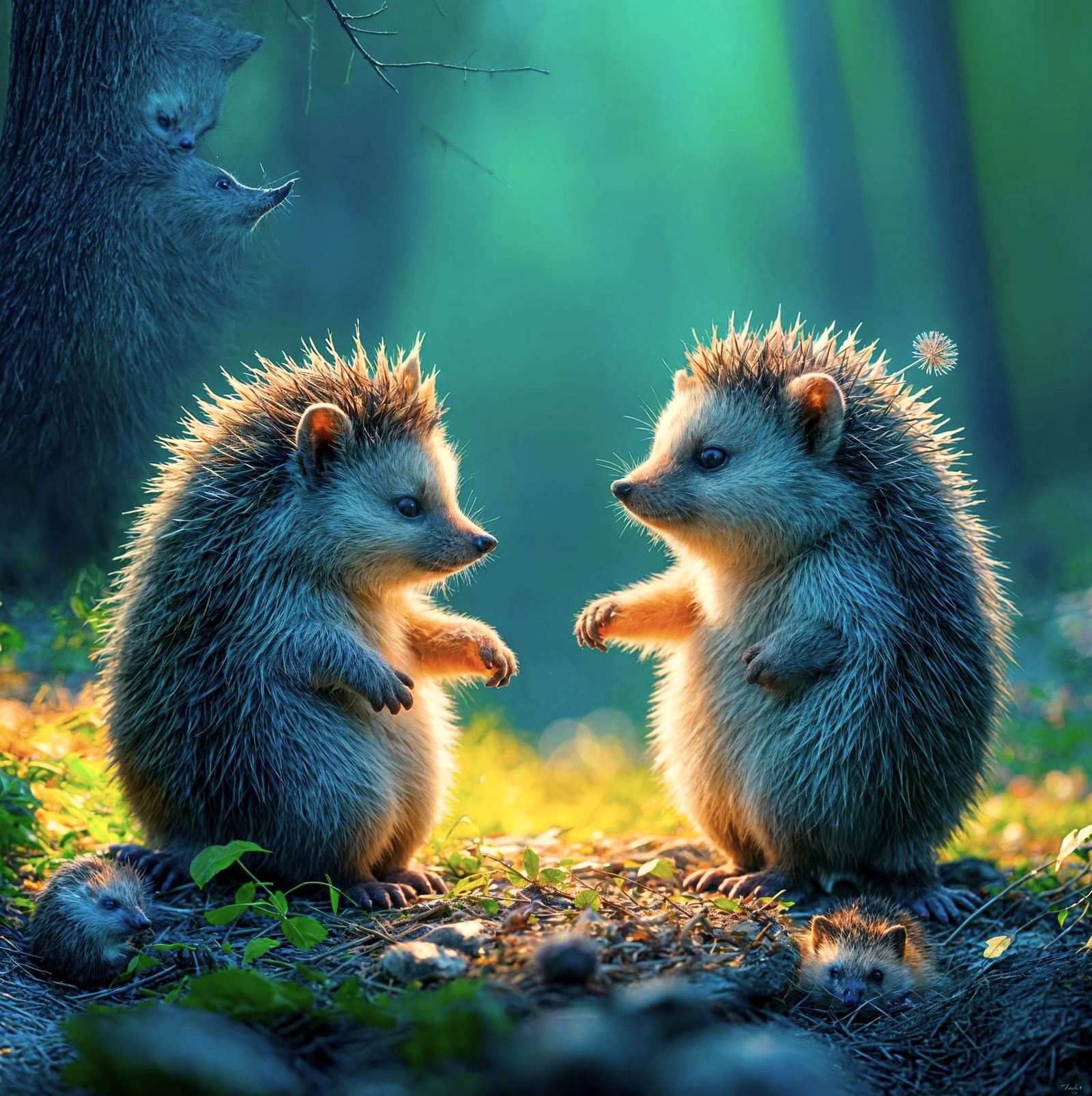 Whimsical Forest Encounter: Hedgehogs Share a Heartfelt Mome...