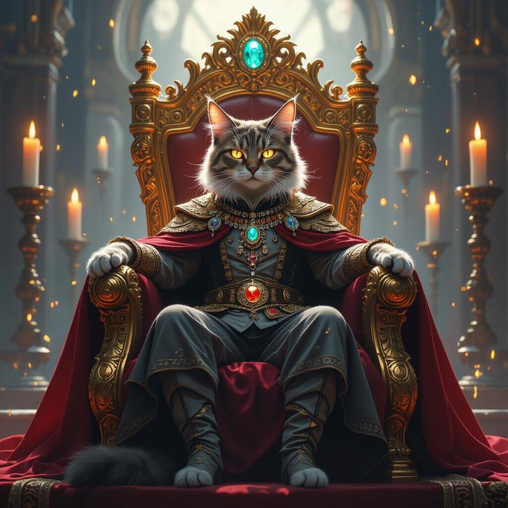 Majestic Cat King on Golden Throne