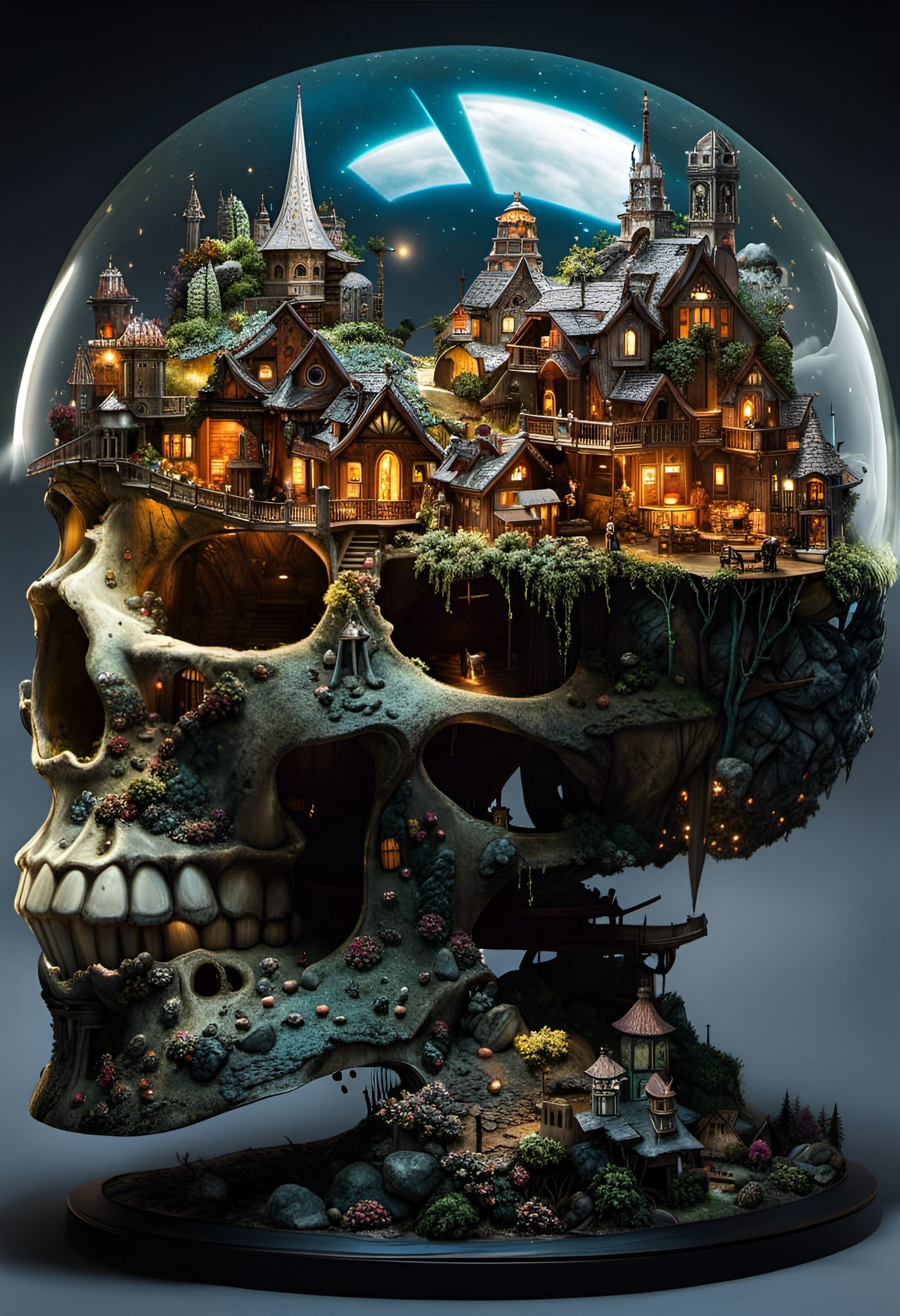 Fairy Village Inside Glowing Skull, Fantasycore Art
