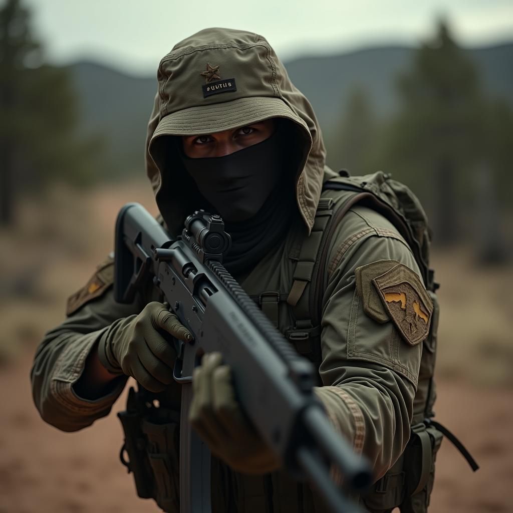 US Army Soldier with Shotgun in Western Landscape