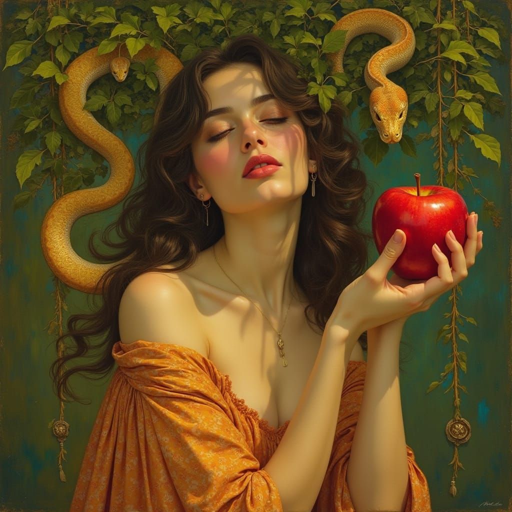 Goddess in Golden Light Holds Out Red Apple