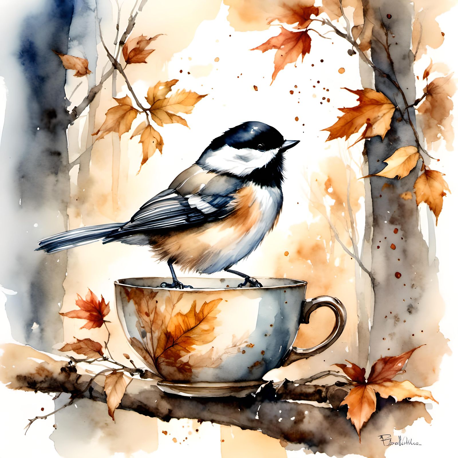 Chickadee's Coffee Break: Watercolor Bird in Autumn