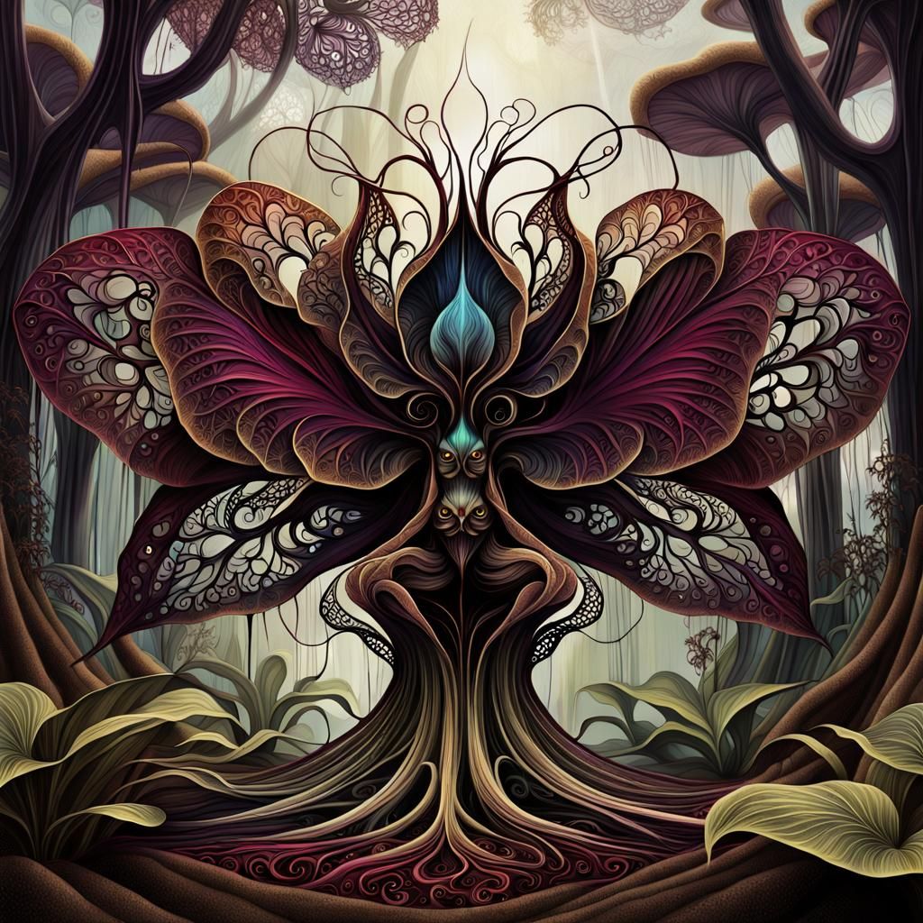Surreal Bat Goddess in Fractal Landscape