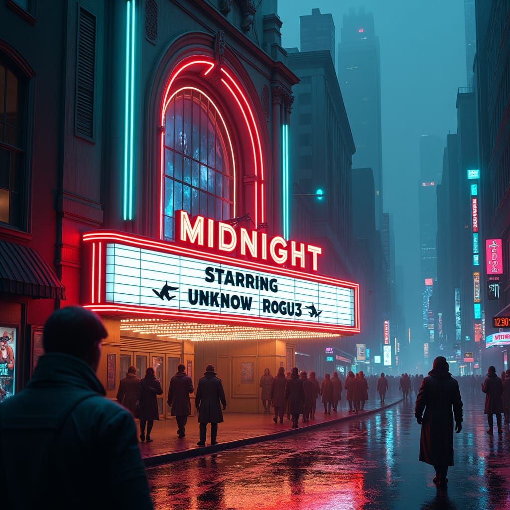 Cyberpunk Movie Theater in Dystopian Metropolis