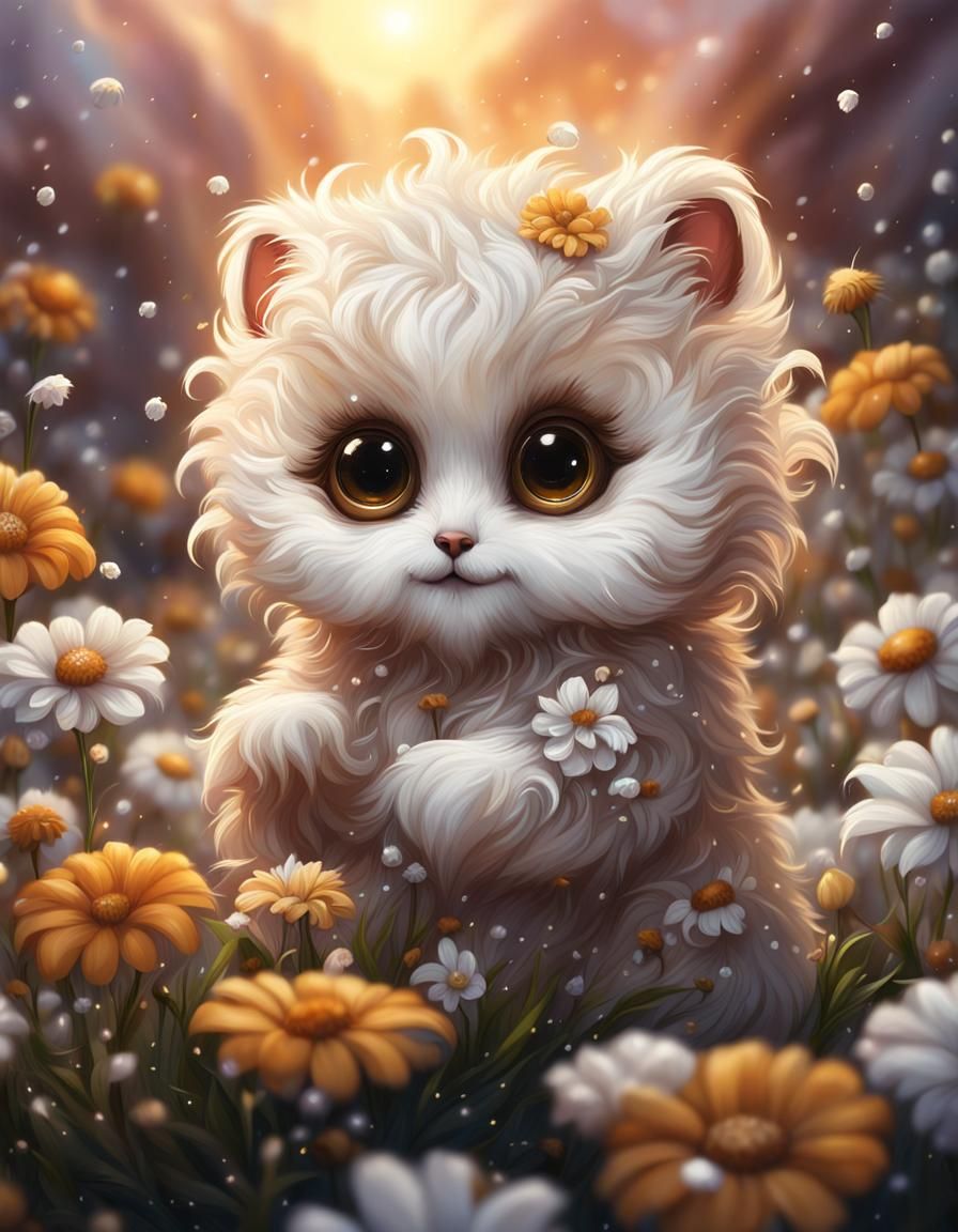 Fluffy Fantasy Creature in Flower Rain: Detailed Oil Paintin...