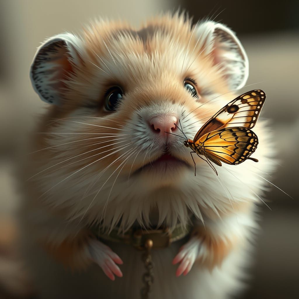 Hamster with Butterfly: Realistic Animal Portrait