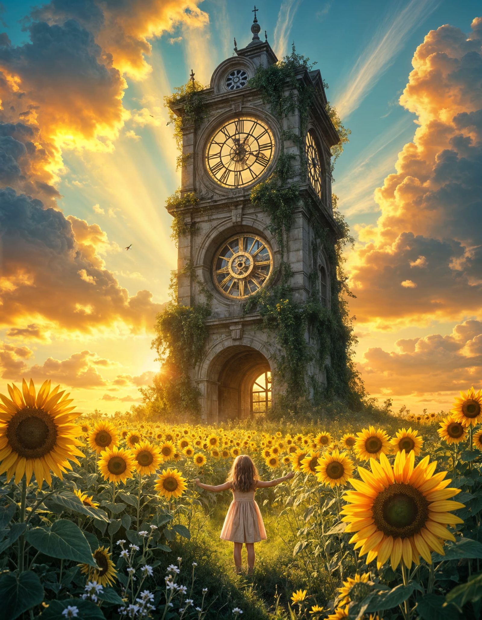 Ancient Clock Tower Amidst Sunflowers at Golden Hour