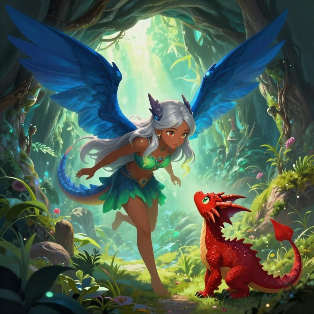 Teenage Girl With Blue Wings Emerging From Magical Cave