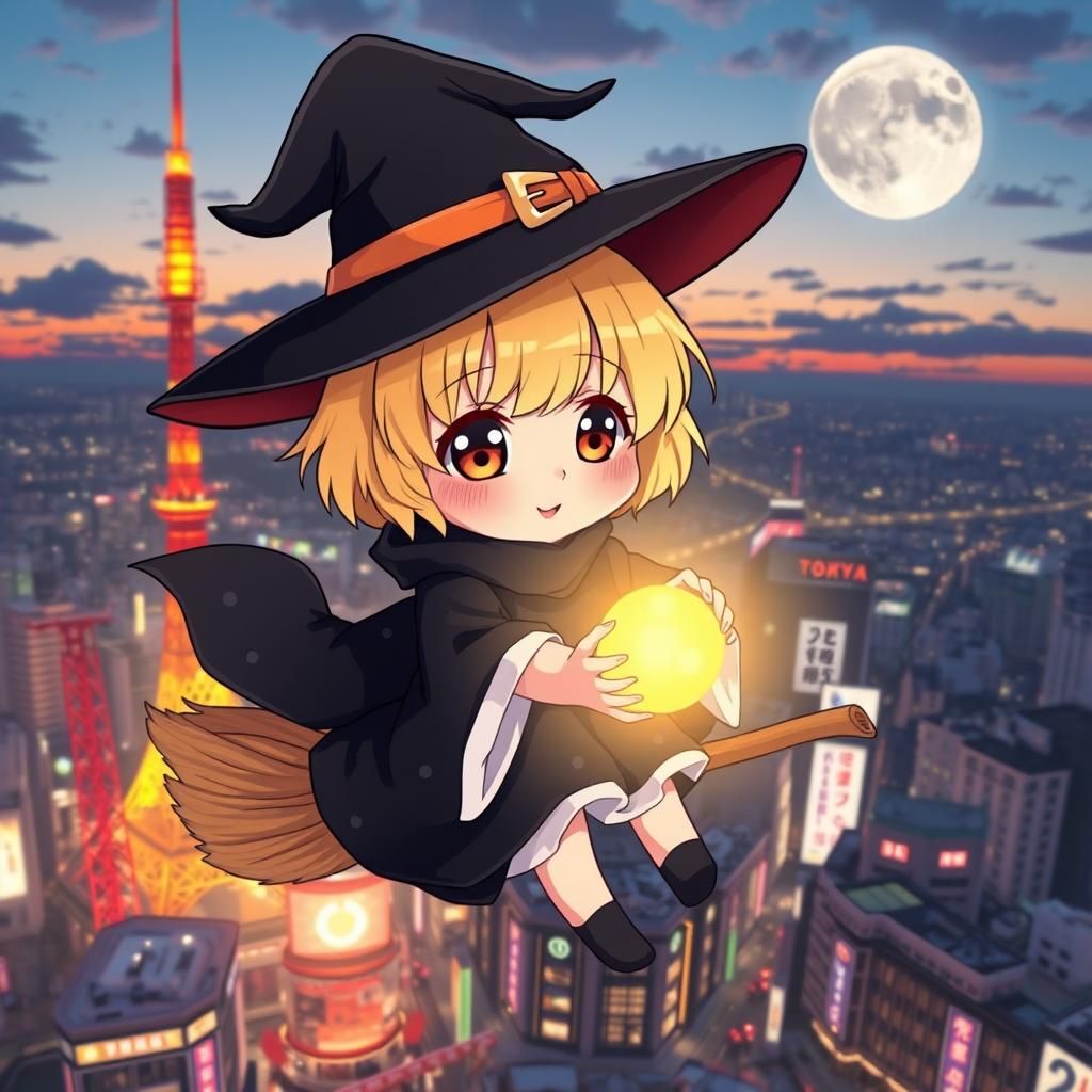Cute Witch Soaring Over Tokyo at Dusk