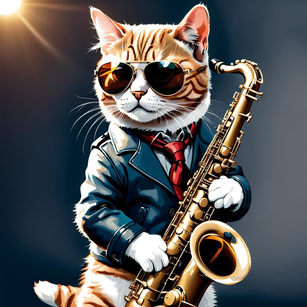 Cool Cat with Sunglasses Playing Saxophone