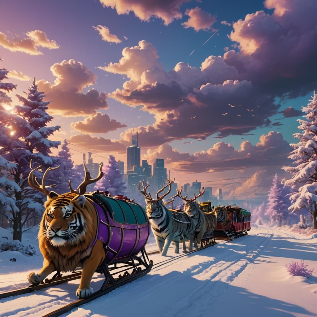 Santa's Tiger Sleigh Ride: Hyperrealistic Artstation Fantasy