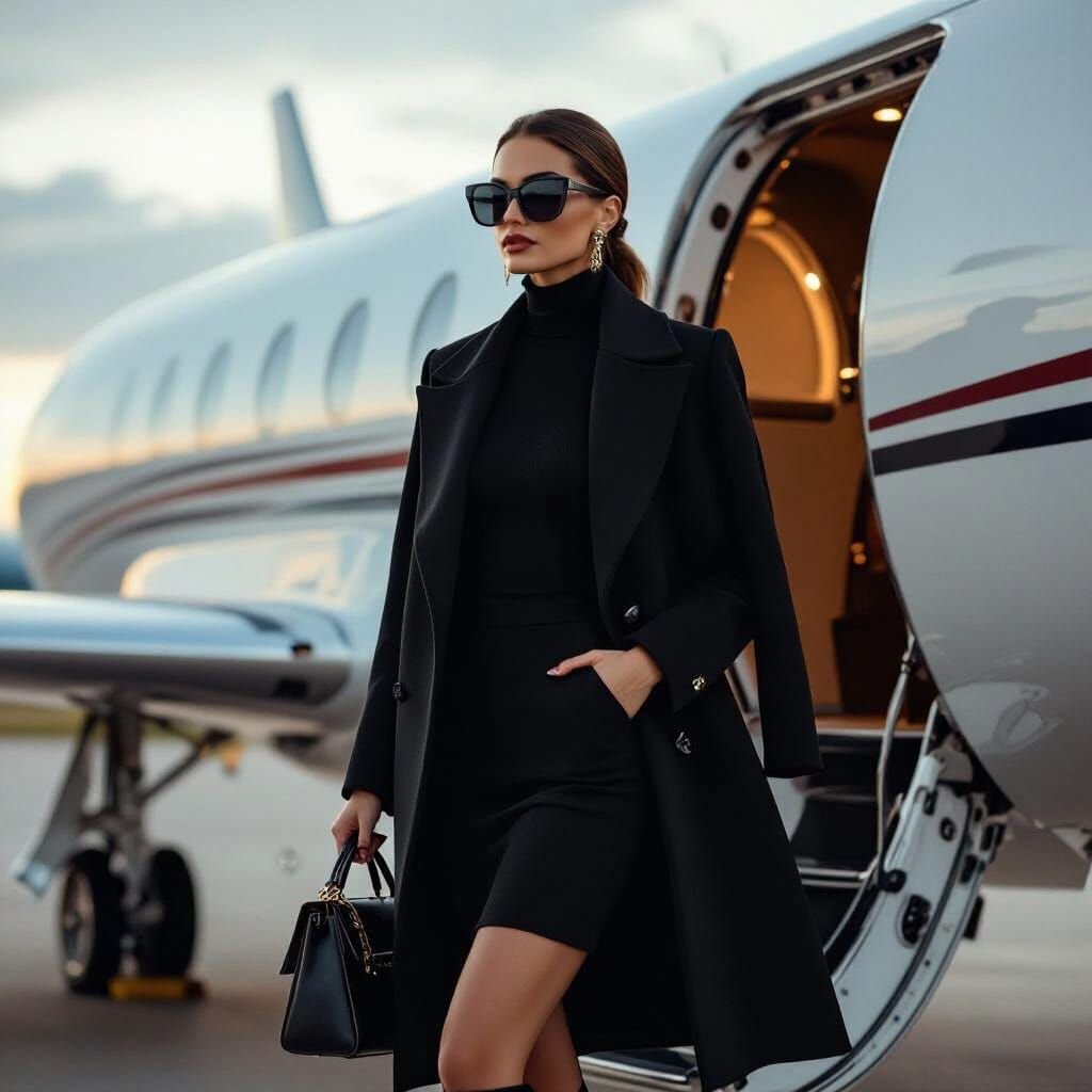 Stylish Woman Exits Private Jet in Luxury Fashion