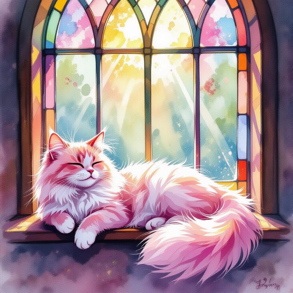 Pink Cat with Three Tails by Stained Glass Window