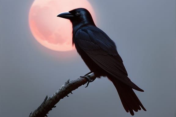 Crow Gazing at Red Moon: Hyperrealistic Oil Painting